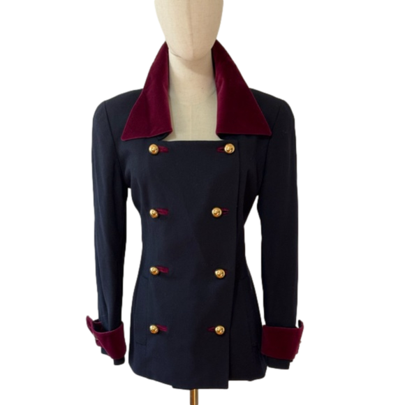 Rickie Freeman for Teri Jon Jackets & Blazers - MILITARY VIBE MINIMALIST DBL BREASTED NAVY WOOL BLAZER BURGUNDY VELVET COLLAR 10